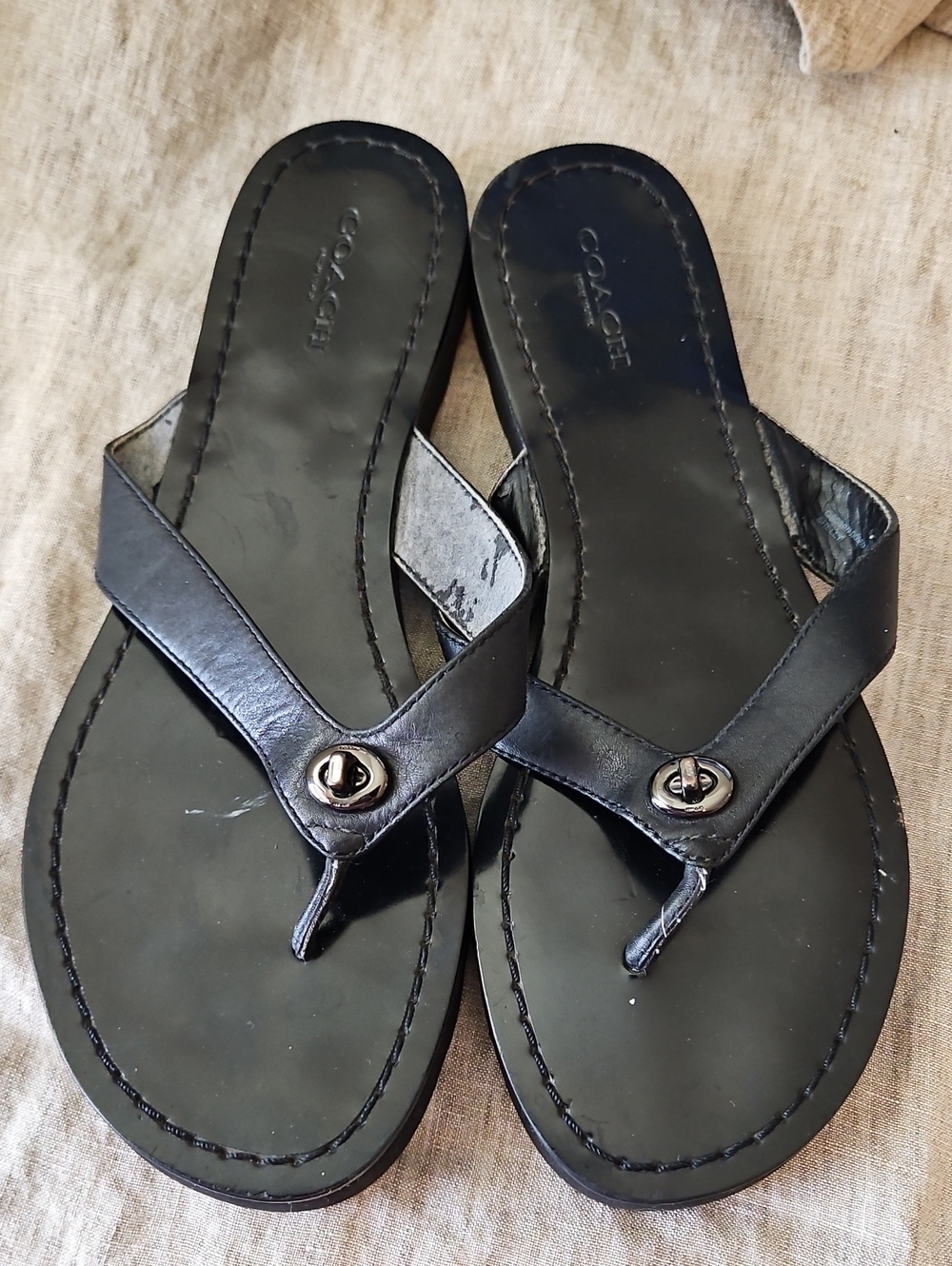 Coach Shelly Black Leather Thong Sandals,  Size 7.5